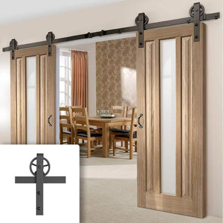 Image: Double Sliding Door & Wagon Wheel Black Track - Kilburn 1 Pane Oak Doors - Clear Glass - Unfinished