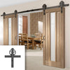 Double Sliding Door & Wagon Wheel Black Track - Kilburn 1 Pane Oak Doors - Clear Glass - Unfinished