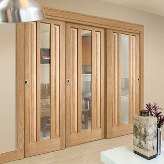 Image: Three Sliding Doors and Frame Kit - Kilburn 1 Pane Oak Door - Clear Glass - Unfinished