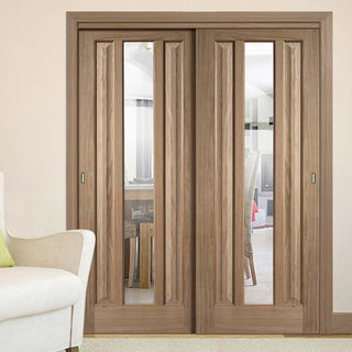 Image: Two Sliding Doors and Frame Kit - Kilburn 1 Pane Oak Door - Clear Glass - Unfinished