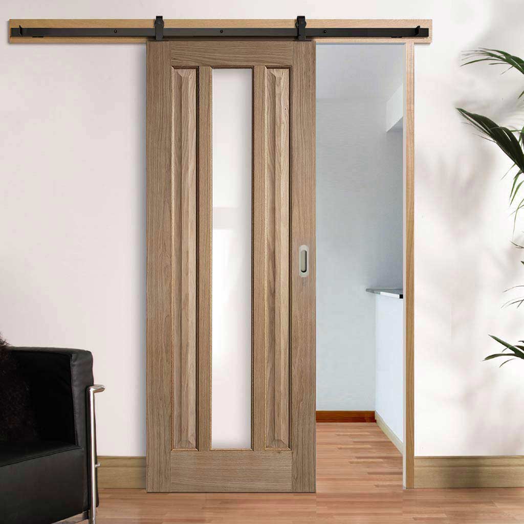 Top Mounted Black Sliding Track & Door - Kilburn 1 Pane Oak Door - Clear Glass - Unfinished