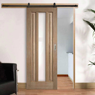 Image: Top Mounted Black Sliding Track & Door - Kilburn 1 Pane Oak Door - Clear Glass - Unfinished