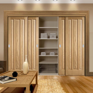 Image: Four Sliding Wardrobe Doors & Frame Kit - Kilburn 3 Panel Oak Door - Unfinished