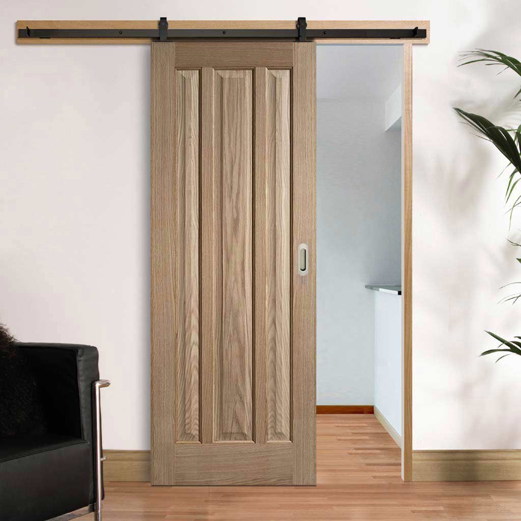 Top Mounted Black Sliding Track & Door - Kilburn 3 Panel Oak Door - Unfinished