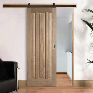 Image: Top Mounted Black Sliding Track & Door - Kilburn 3 Panel Oak Door - Unfinished