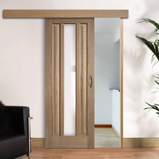Image: Single Sliding Door & Wall Track - Kilburn 1 Pane Oak Door - Clear Glass - Unfinished