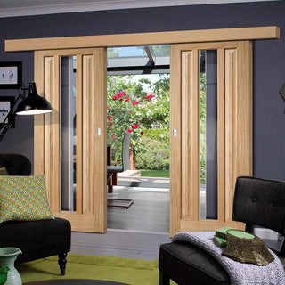Image: Double Sliding Door & Wall Track - Kilburn 1 Pane Oak Doors - Clear Glass - Unfinished