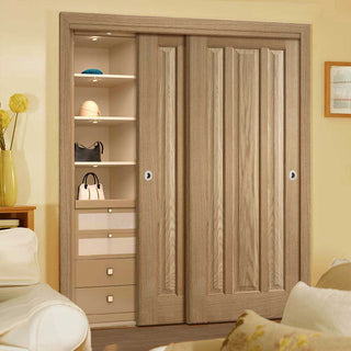 Image: Two Sliding Wardrobe Doors & Frame Kit - Kilburn 3 Panel Oak Door - Unfinished