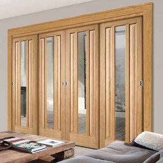 Image: Four Sliding Doors and Frame Kit - Kilburn 1 Pane Oak Door - Clear Glass - Unfinished