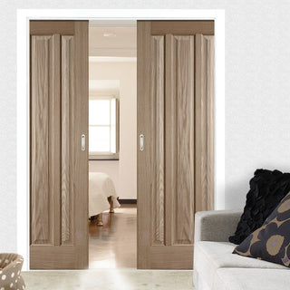 Image: Kilburn 3 Panel Oak Double Evokit Pocket Door