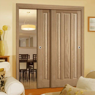 Image: Two Sliding Doors and Frame Kit - Kilburn 3 Panel Oak Door - Unfinished