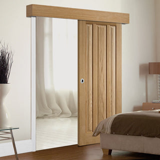 Image: Single Sliding Door & Wall Track - Kilburn 3 Panel Oak Door - Unfinished