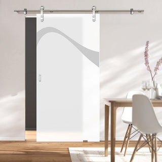 Image: Single Glass Sliding Door - Solaris Tubular Stainless Steel Sliding Track & Kingston 8mm Obscure Glass - Obscure Printed Design