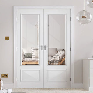 Image: Knightsbridge 1 Pane 1 Panel Internal Door Pair - Raised Mouldings - Clear Bevelled Glass - White Primed