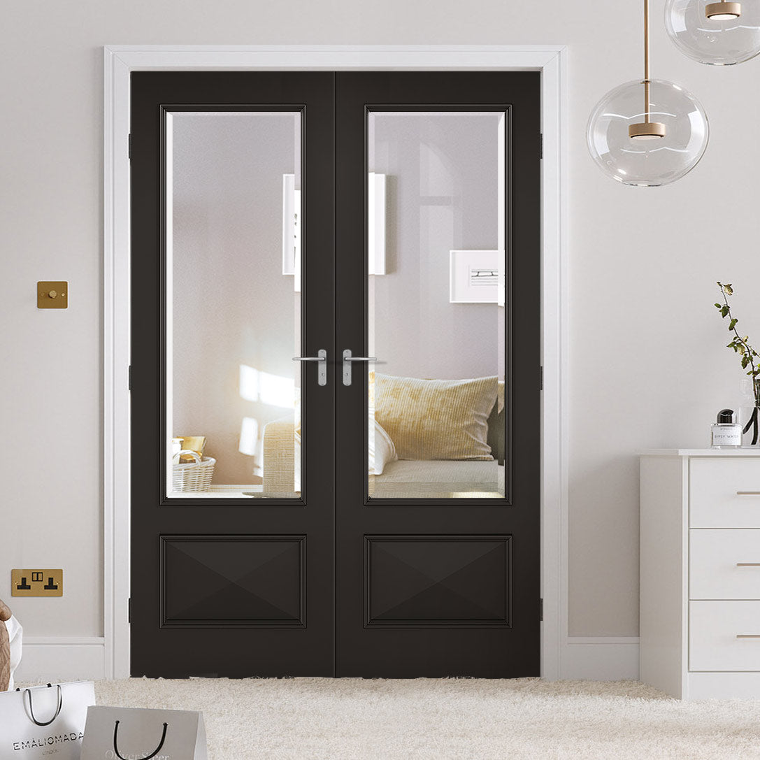 Knightsbridge 1 Pane 1 Panel Black Primed Door Pair - Raised Mouldings - Clear Bevelled Glass