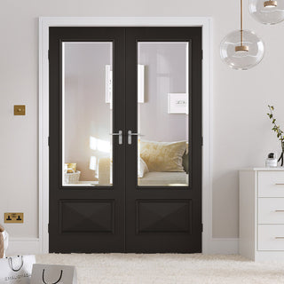 Image: Knightsbridge 1 Pane 1 Panel Black Primed Door Pair - Raised Mouldings - Clear Bevelled Glass