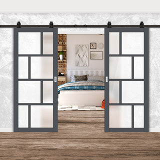 Image: Top Mounted Black Sliding Track & Solid Wood Double Doors - Eco-Urban® Kochi 8 Pane Doors DD6415SG Frosted Glass - Stormy Grey Premium Primed