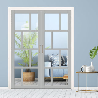 Image: Eco-Urban Kochi 8 Pane Solid Wood Internal Door Pair UK Made DD6415G Clear Glass  - Eco-Urban® Mist Grey Premium Primed