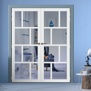 Image: Eco-Urban Kochi 8 Pane Solid Wood Internal Door Pair UK Made DD6415G Clear Glass - Eco-Urban® Cloud White Premium Primed