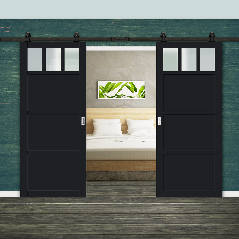 Top Mounted Black Sliding Track & Solid Wood Double Doors - Eco-Urban® Lagos 3 Pane 3 Panel Doors DD6427SG Frosted Glass - Shadow Black Premium Primed