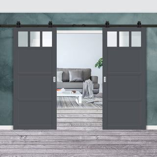 Image: Top Mounted Black Sliding Track & Solid Wood Double Doors - Eco-Urban® Lagos 3 Pane 3 Panel Doors DD6427SG Frosted Glass - Stormy Grey Premium Primed