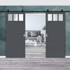 Top Mounted Black Sliding Track & Solid Wood Double Doors - Eco-Urban® Lagos 3 Pane 3 Panel Doors DD6427SG Frosted Glass - Stormy Grey Premium Primed