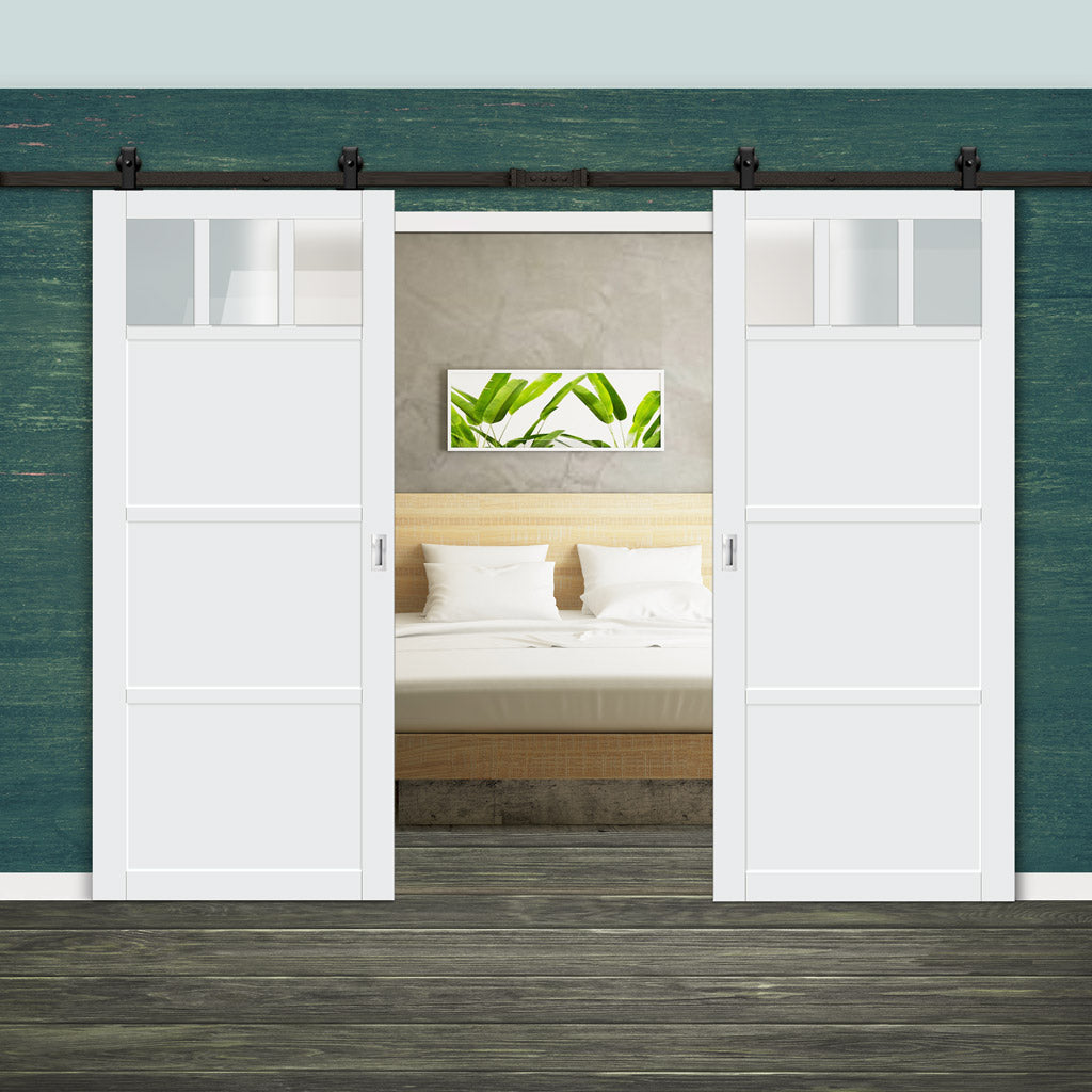 Top Mounted Black Sliding Track & Solid Wood Double Doors - Eco-Urban® Lagos 3 Pane 3 Panel Doors DD6427SG Frosted Glass - Cloud White Premium Primed