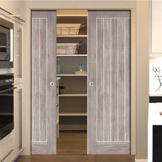 Image: Laminate Mexicano Light Grey Double Evokit Pocket Doors - Prefinished