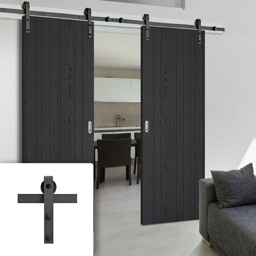 Double Sliding Door & Black Barn Track - Laminate Montreal Black Door - Prefinished