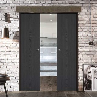 Image: Laminate Montreal Black Double Evokit Pocket Doors - Prefinished