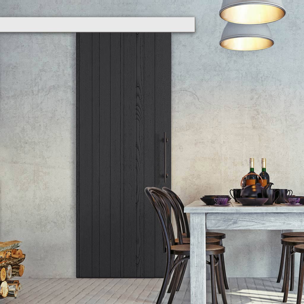 Single Sliding Door & Wall Track - Laminate Montreal Black Door - Prefinished