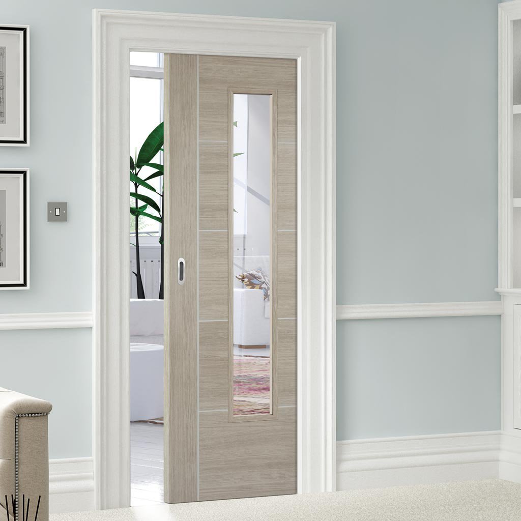 Laminate Vancouver Light Grey Single Evokit Pocket Door - Clear Glass - Prefinished