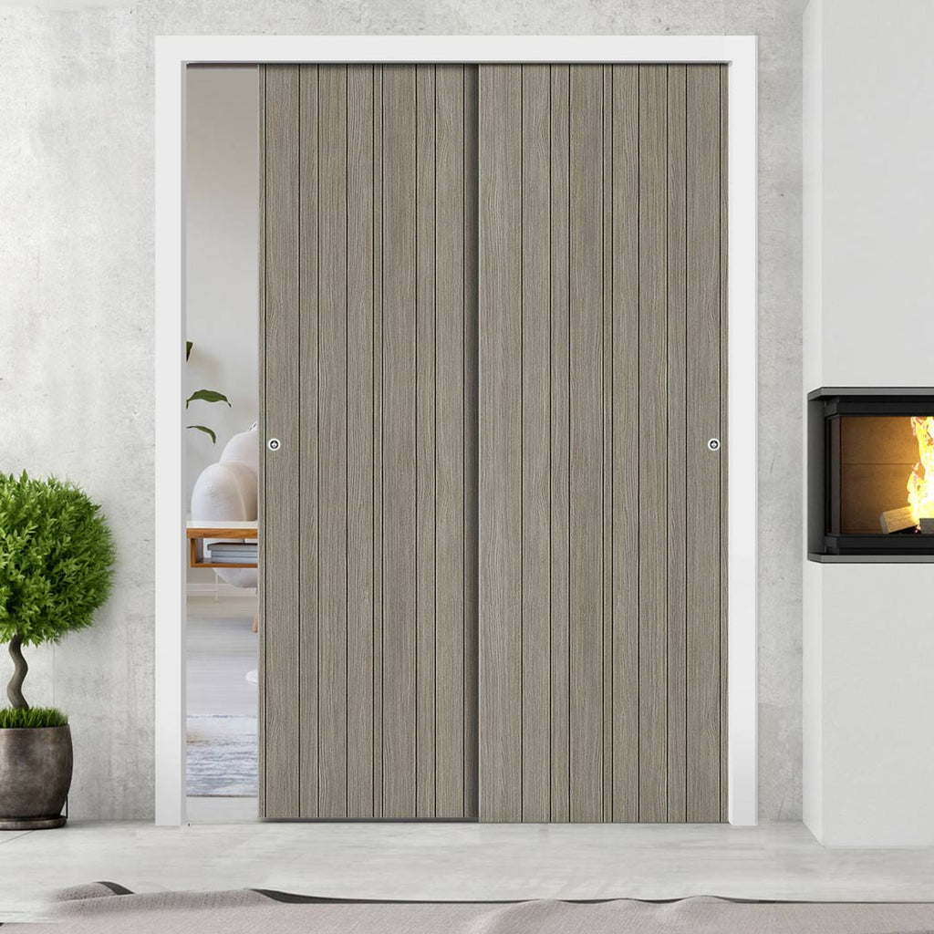 Pass-Easi Two Sliding Doors and Frame Kit - Laminate Montreal Light Grey Door - Prefinished