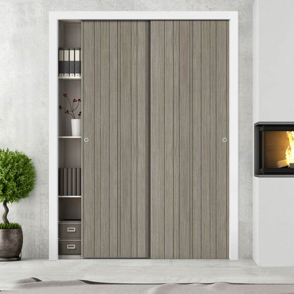 Two Sliding Maximal Wardrobe Doors & Frame Kit - Laminate Montreal Light Grey Door - Prefinished