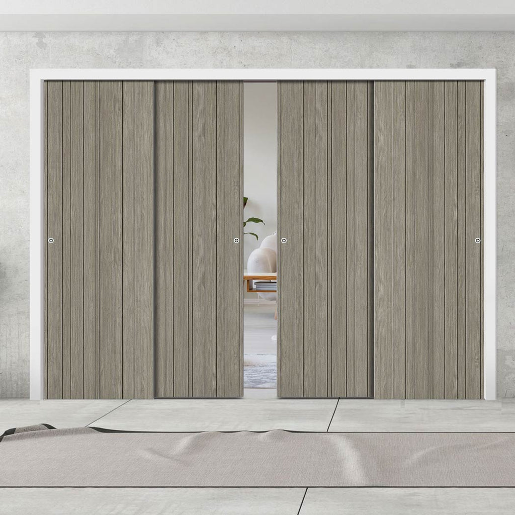 Pass-Easi Four Sliding Doors and Frame Kit - Laminate Montreal Light Grey Door - Prefinished