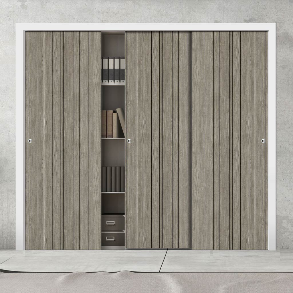 Minimalist Wardrobe Door & Frame Kit - Three Laminate Montreal Light Grey Door - Prefinished