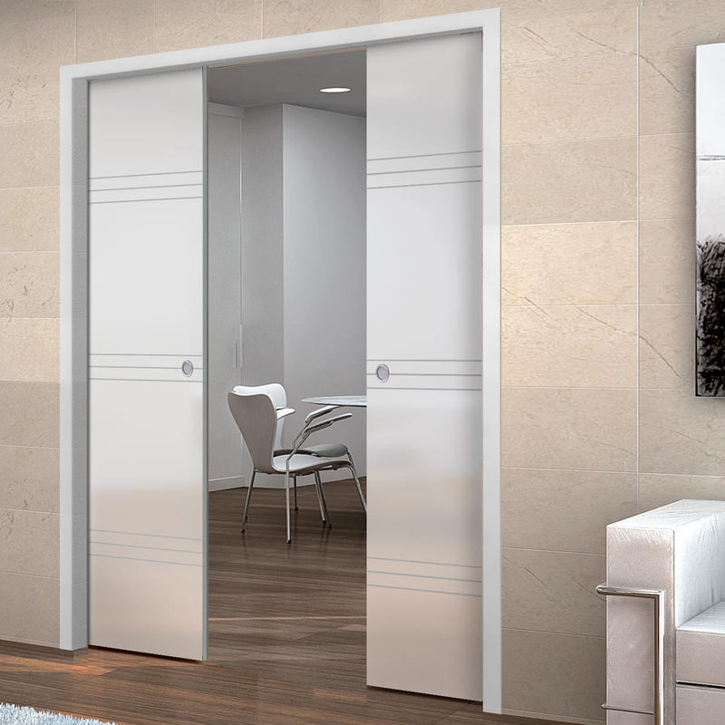 Lauder 8mm Obscure Glass - Obscure Printed Design - Double Evokit Pocket Door