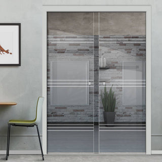 Image: Lauder 8mm Clear Glass - Obscure Printed Design - Double Evokit Pocket Door