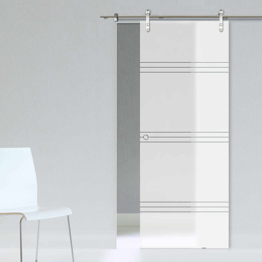 Single Glass Sliding Door - Solaris Tubular Stainless Steel Sliding Track & Lauder 8mm Obscure Glass - Clear Printed Design