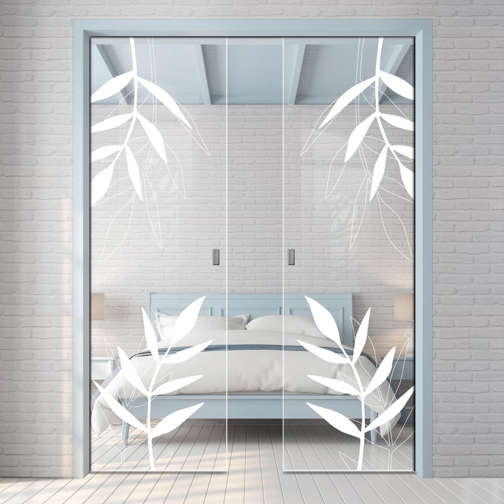 Leaf Print 8mm Clear Glass - Obscure Printed Design - Double Evokit Glass Pocket Door