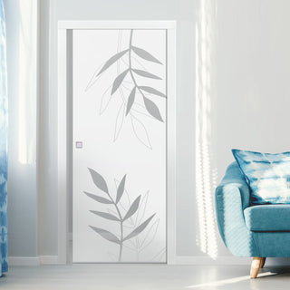 Image: Leaf Print 8mm Obscure Glass - Clear Printed Design - Single Evokit Glass Pocket Door