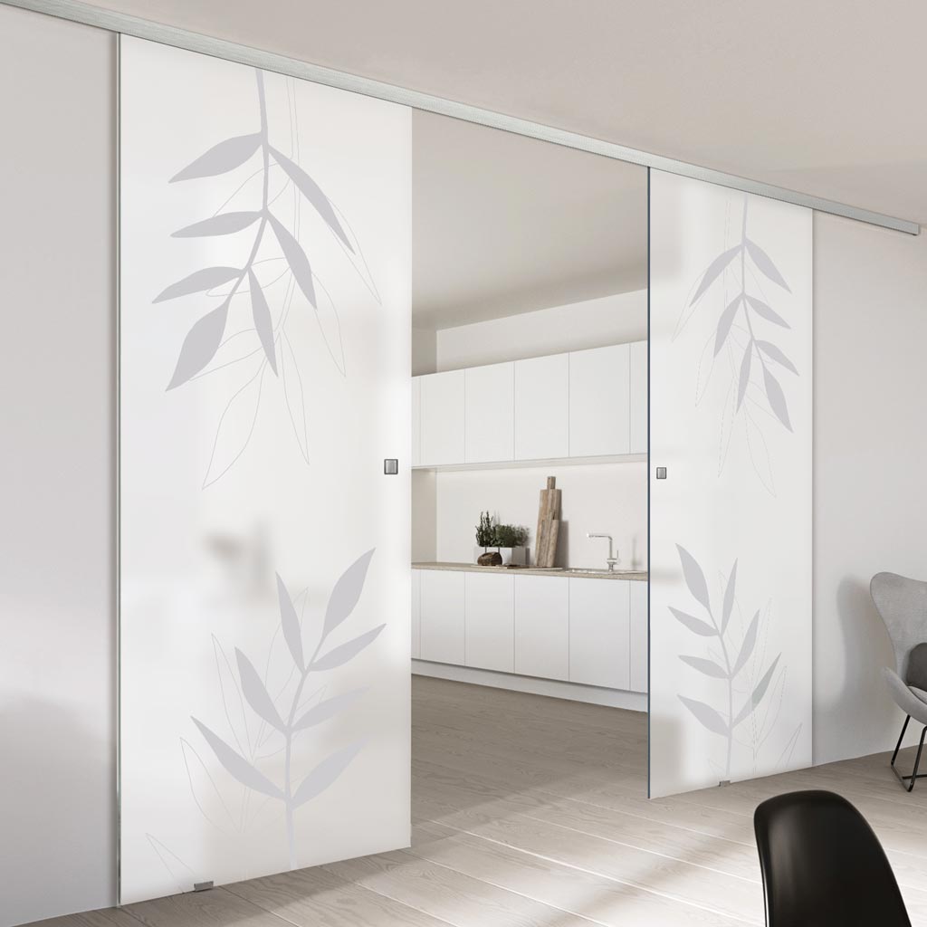 Double Glass Sliding Door - Leaf Print 8mm Obscure Glass - Obscure Printed Design with Elegant Track