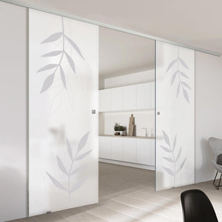 Image: Double Glass Sliding Door - Leaf Print 8mm Obscure Glass - Obscure Printed Design with Elegant Track