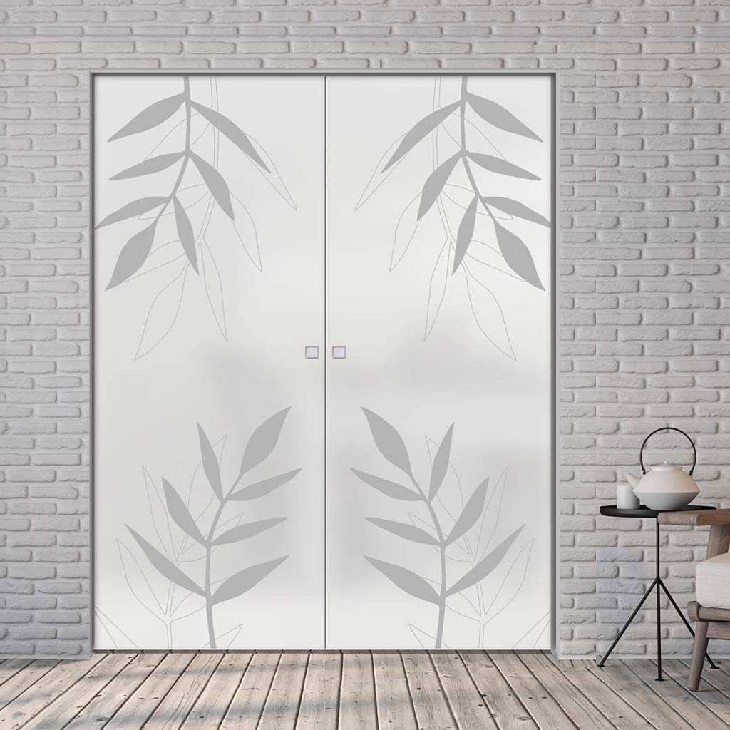 Leaf Print 8mm Obscure Glass - Obscure Printed Design - Double Absolute Pocket Door