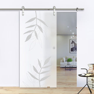 Image: Single Glass Sliding Door - Solaris Tubular Stainless Steel Sliding Track & Leaf Print 8mm Obscure Glass - Obscure Printed Design