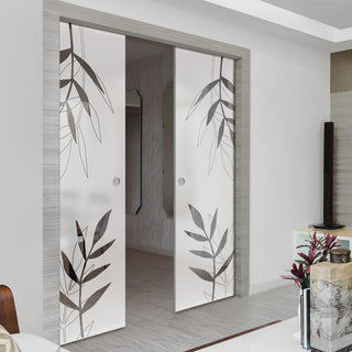 Image: Leaf Print 8mm Obscure Glass - Clear Printed Design - Double Evokit Glass Pocket Door