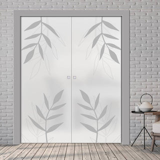 Image: Leaf Print 8mm Obscure Glass - Obscure Printed Design - Double Evokit Glass Pocket Door