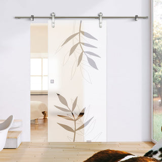 Image: Single Glass Sliding Door - Solaris Tubular Stainless Steel Sliding Track & Leaf Print 8mm Obscure Glass - Clear Printed Design