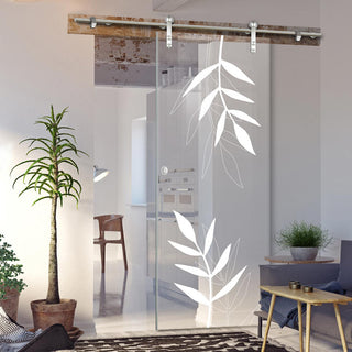 Image: Single Glass Sliding Door - Solaris Tubular Stainless Steel Sliding Track & Leaf Print 8mm Clear Glass - Obscure Printed Design