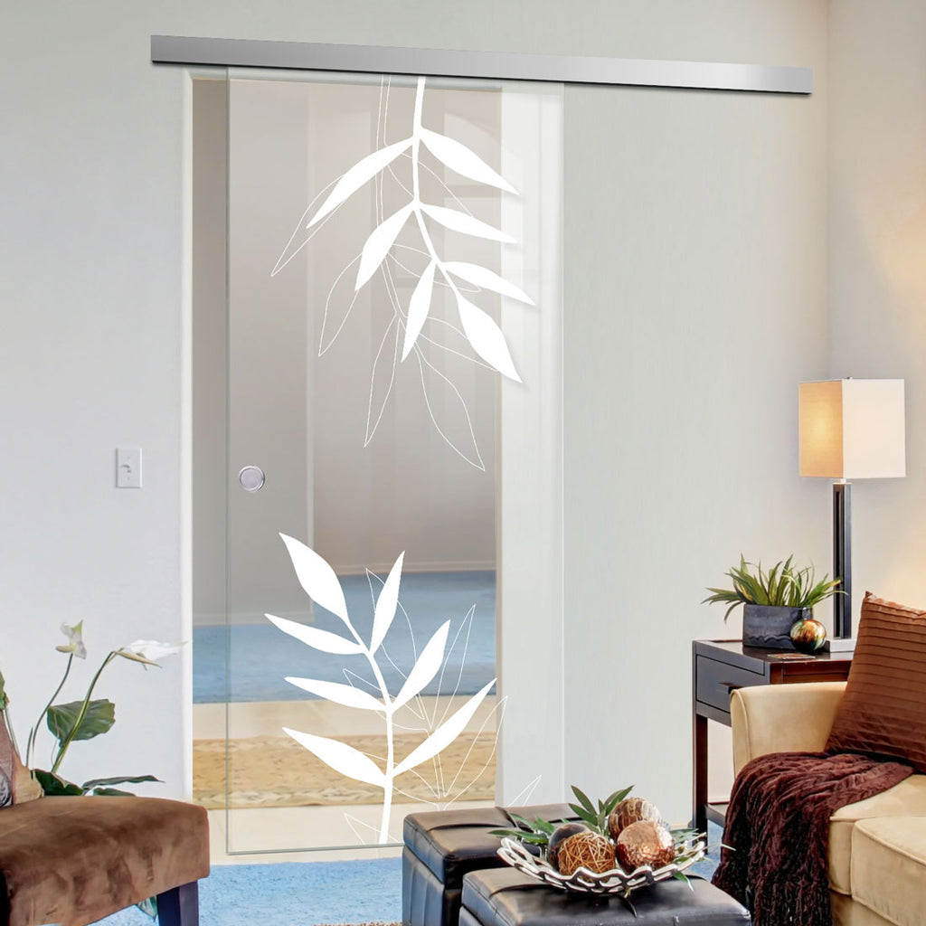 Single Glass Sliding Door - Leaf Print 8mm Clear Glass - Obscure Printed Design with Elegant Track